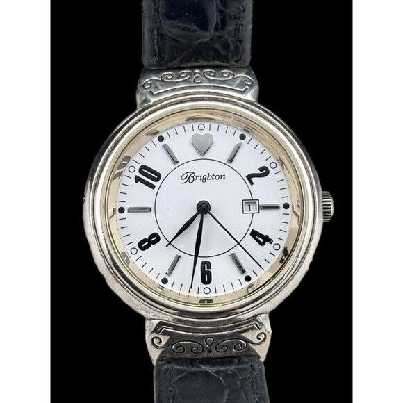 Brighton Newman Watch Black leather band round face Silver tone New Battery - Picture 3 of 7
